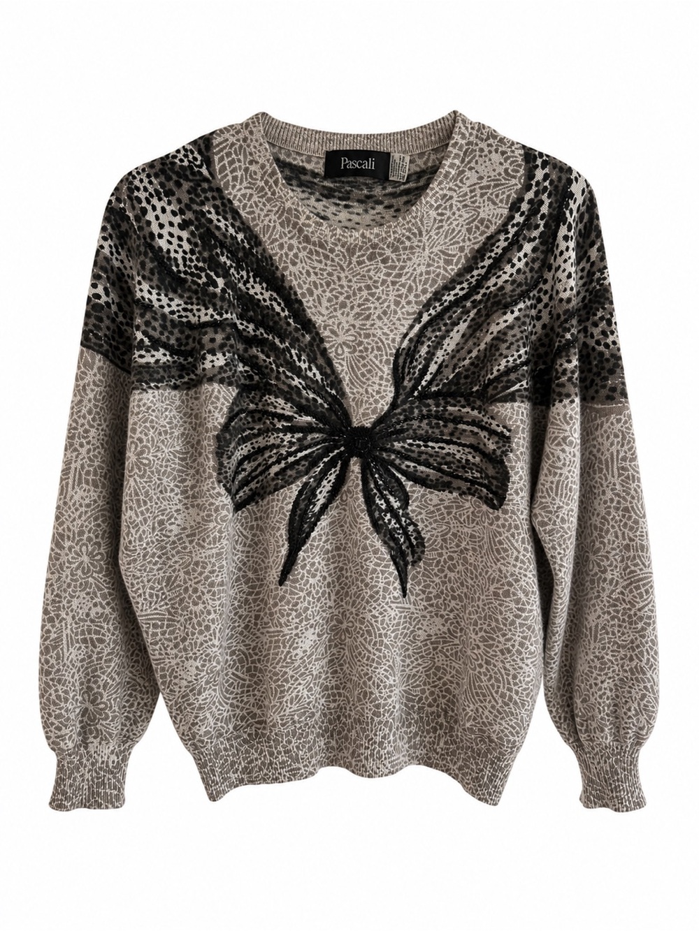 Taupe Crewneck Sweater with Black Bow Design and Glass Beads